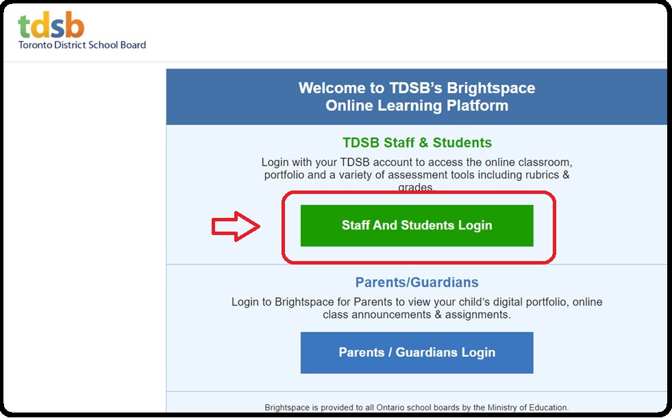 Staff and Student Login page
